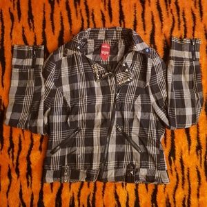 Gray and black plaid moto jacket with DIY studs